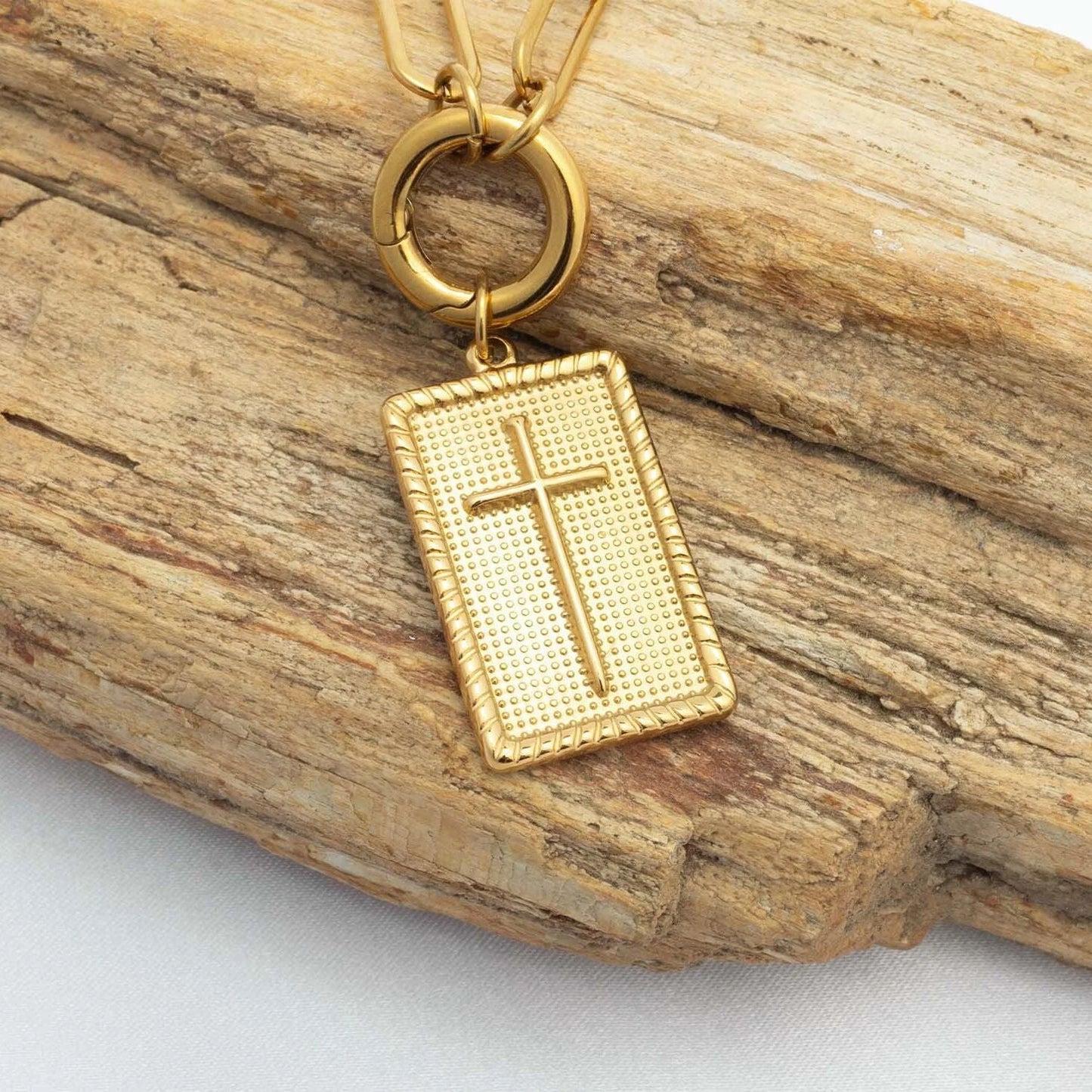 18K Gold PVD Stainless Steel Square Pendant with Cross / PDL0375