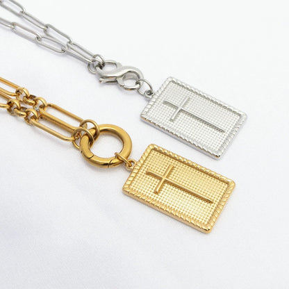 18K Gold PVD Stainless Steel Square Pendant with Cross / PDL0375