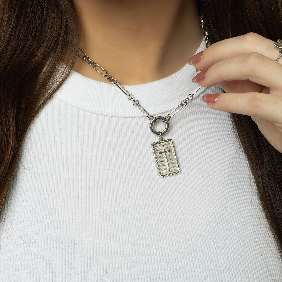 18K Gold PVD Stainless Steel Square Pendant with Cross / PDL0375