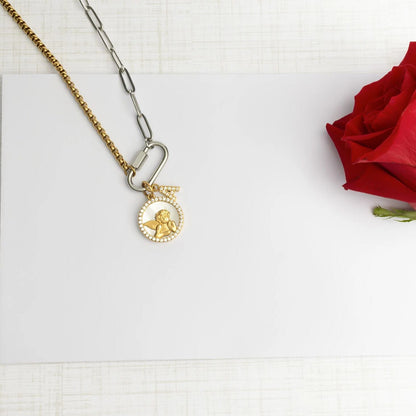 18K Gold PVD Stainless Steel Round MOP Angel Pendant / PDL0376