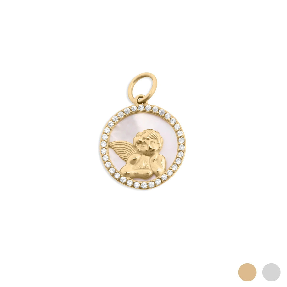 18K Gold PVD Stainless Steel Round MOP Angel Pendant / PDL0376