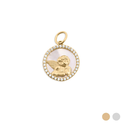 18K Gold PVD Stainless Steel Round MOP Angel Pendant / PDL0376
