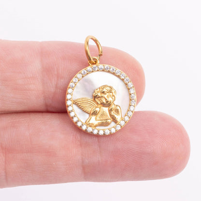 18K Gold PVD Stainless Steel Round MOP Angel Pendant / PDL0376