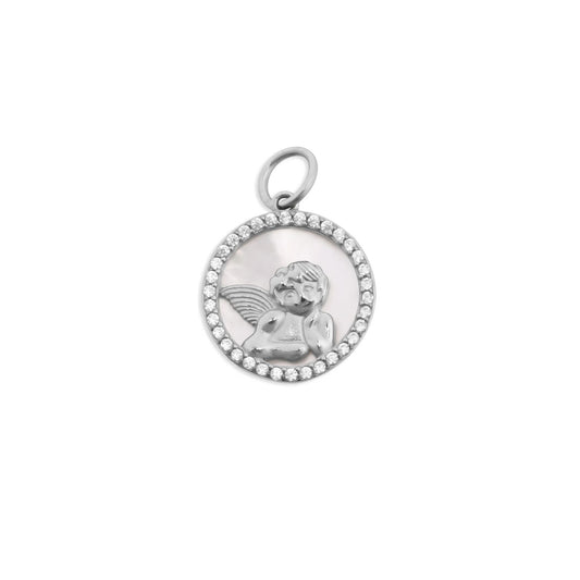 18K Gold PVD Stainless Steel Round MOP Angel Pendant / PDL0376