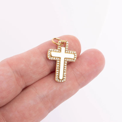 18K Gold PVD Stainless Steel Cross Charm with CZ Stone Boarder / PDL0377