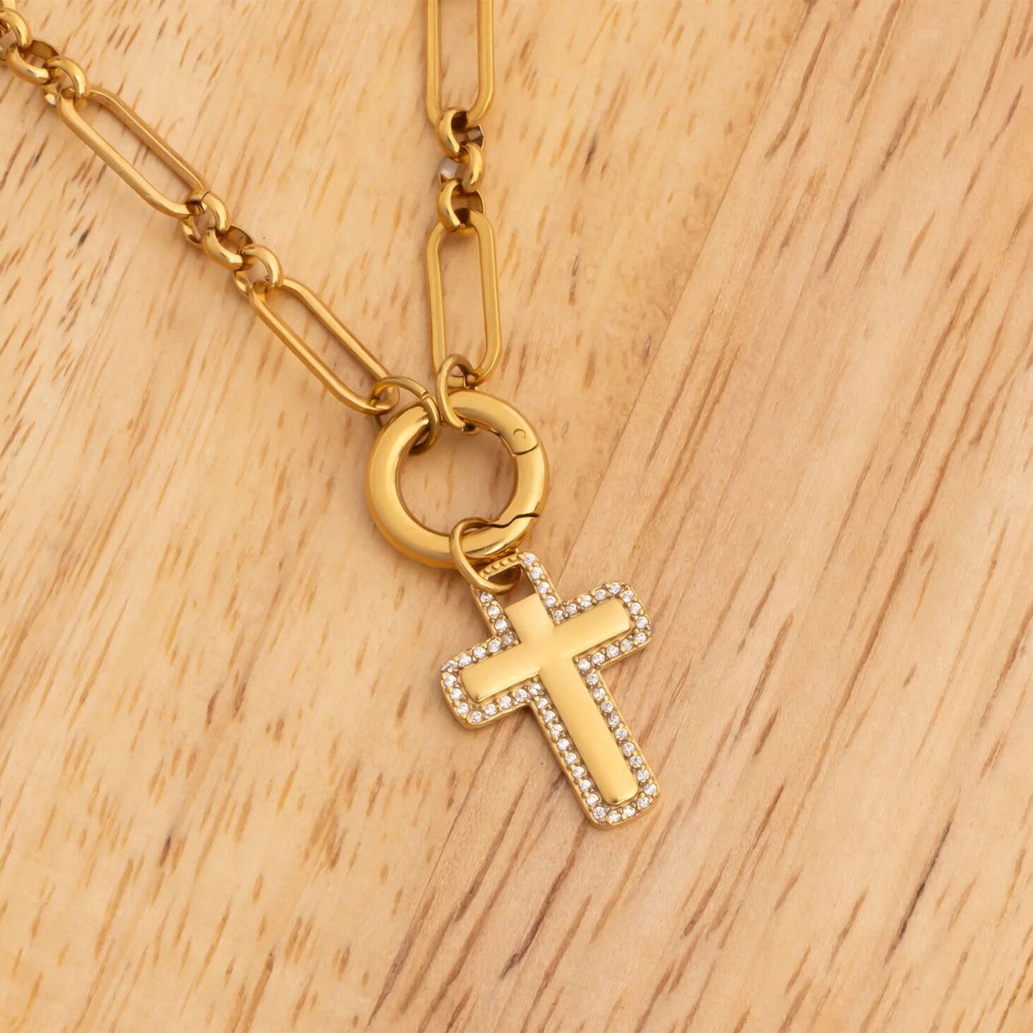 18K Gold PVD Stainless Steel Cross Charm with CZ Stone Boarder / PDL0377