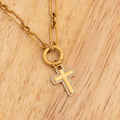 18K Gold PVD Stainless Steel Cross Charm with CZ Stone Boarder / PDL0377