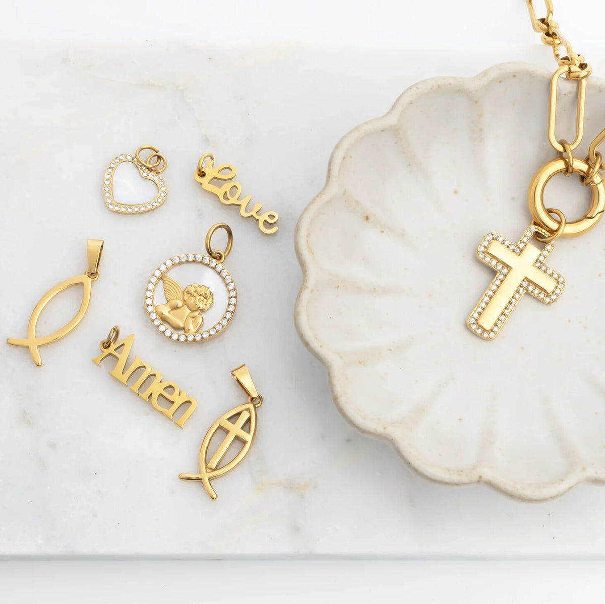 18K Gold PVD Stainless Steel Cross Charm with CZ Stone Boarder / PDL0377