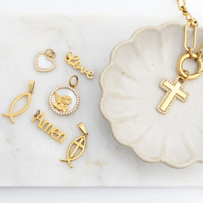 18K Gold PVD Stainless Steel Cross Charm with CZ Stone Boarder / PDL0377