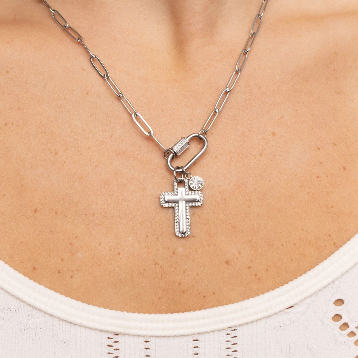 18K Gold PVD Stainless Steel Cross Charm with CZ Stone Boarder / PDL0377