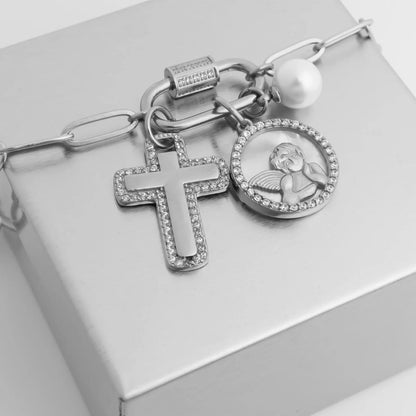 18K Gold PVD Stainless Steel Cross Charm with CZ Stone Boarder / PDL0377