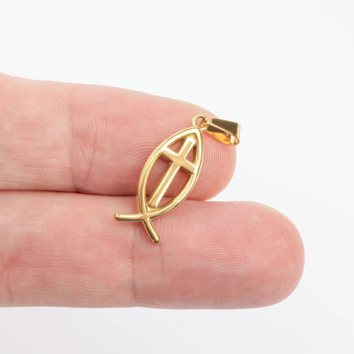 18K Gold PVD Stainless Steel Fish Charm with Cross Center / PDL0378