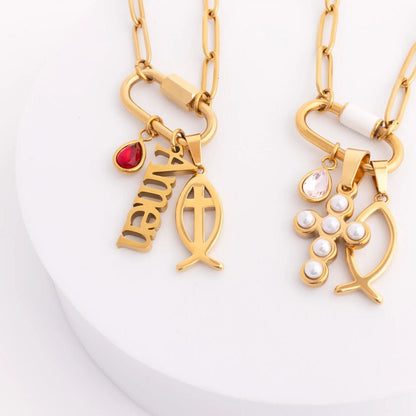 18K Gold PVD Stainless Steel Fish Charm with Cross Center / PDL0378