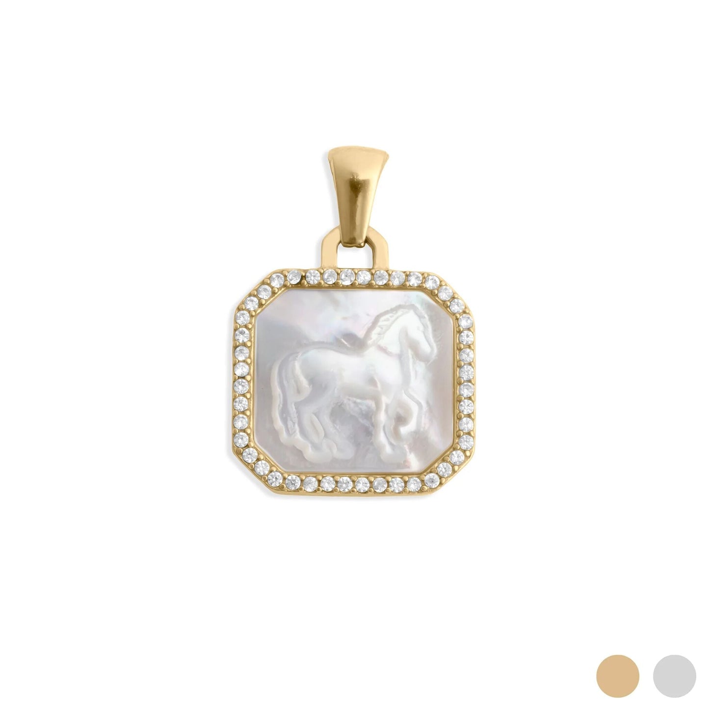 18K Gold PVD Stainless Steel MOP Horse Pendant With CZ Stone Boarder / PDL0387