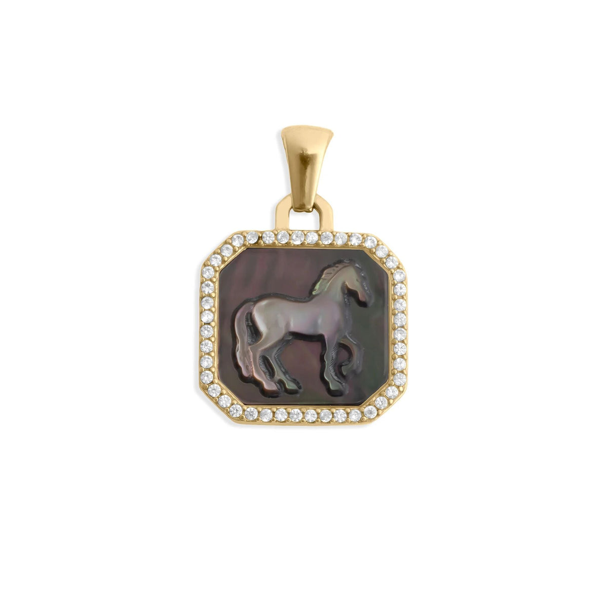 18K Gold PVD Stainless Steel MOP Horse Pendant With CZ Stone Boarder / PDL0387