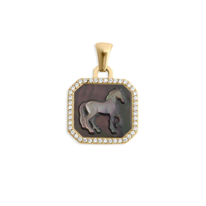 18K Gold PVD Stainless Steel MOP Horse Pendant With CZ Stone Boarder / PDL0387