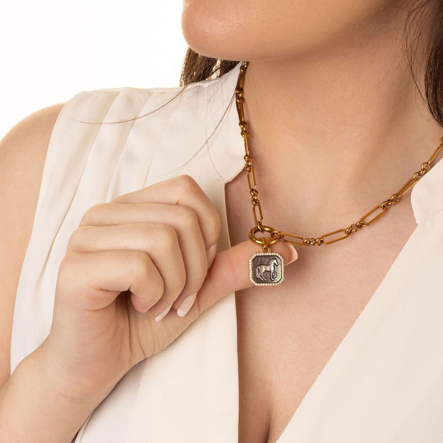 18K Gold PVD Stainless Steel MOP Horse Pendant With CZ Stone Boarder / PDL0387