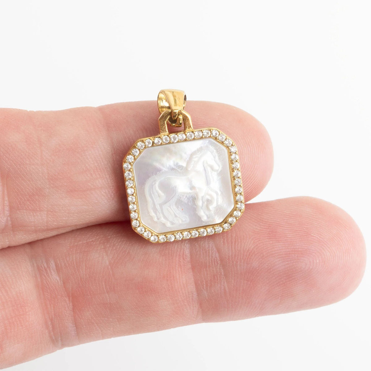 18K Gold PVD Stainless Steel MOP Horse Pendant With CZ Stone Boarder / PDL0387
