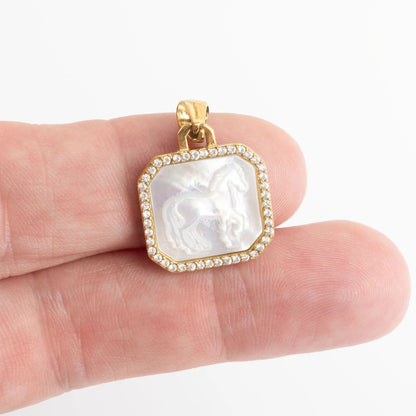 18K Gold PVD Stainless Steel MOP Horse Pendant With CZ Stone Boarder / PDL0387