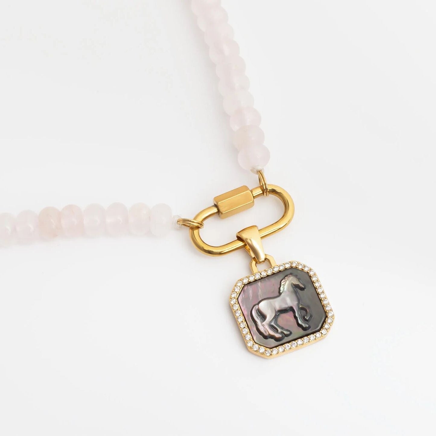 18K Gold PVD Stainless Steel MOP Horse Pendant With CZ Stone Boarder / PDL0387