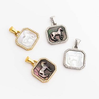 18K Gold PVD Stainless Steel MOP Horse Pendant With CZ Stone Boarder / PDL0387