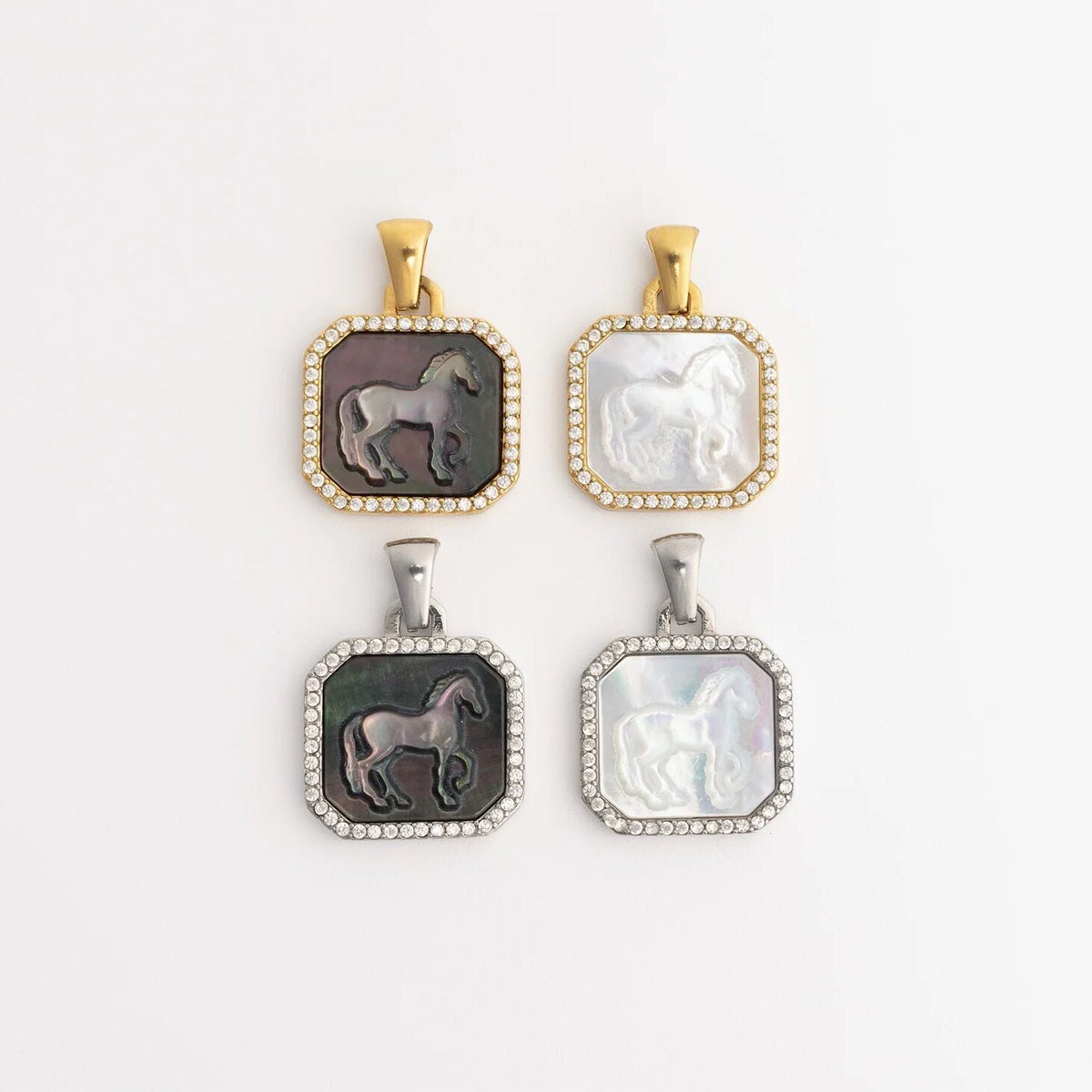 18K Gold PVD Stainless Steel MOP Horse Pendant With CZ Stone Boarder / PDL0387