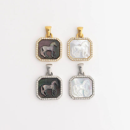 18K Gold PVD Stainless Steel MOP Horse Pendant With CZ Stone Boarder / PDL0387
