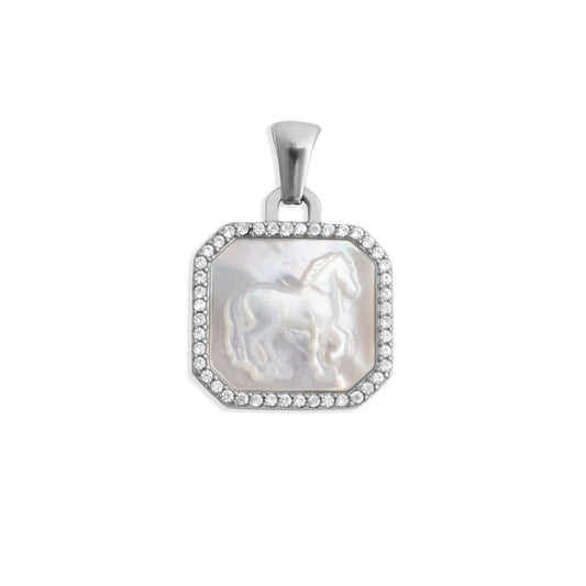 18K Gold PVD Stainless Steel MOP Horse Pendant With CZ Stone Boarder / PDL0387