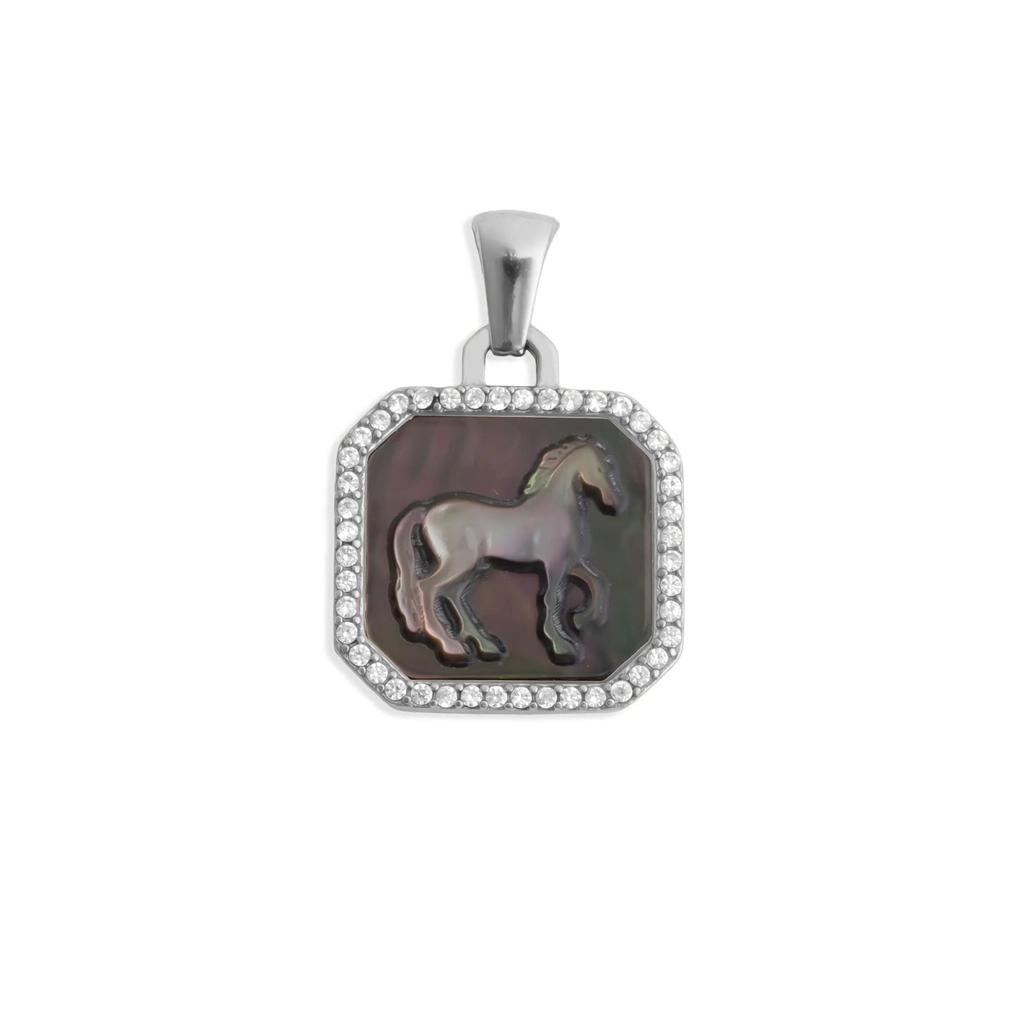 18K Gold PVD Stainless Steel MOP Horse Pendant With CZ Stone Boarder / PDL0387