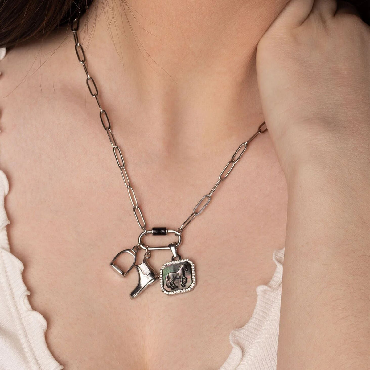 18K Gold PVD Stainless Steel MOP Horse Pendant With CZ Stone Boarder / PDL0387
