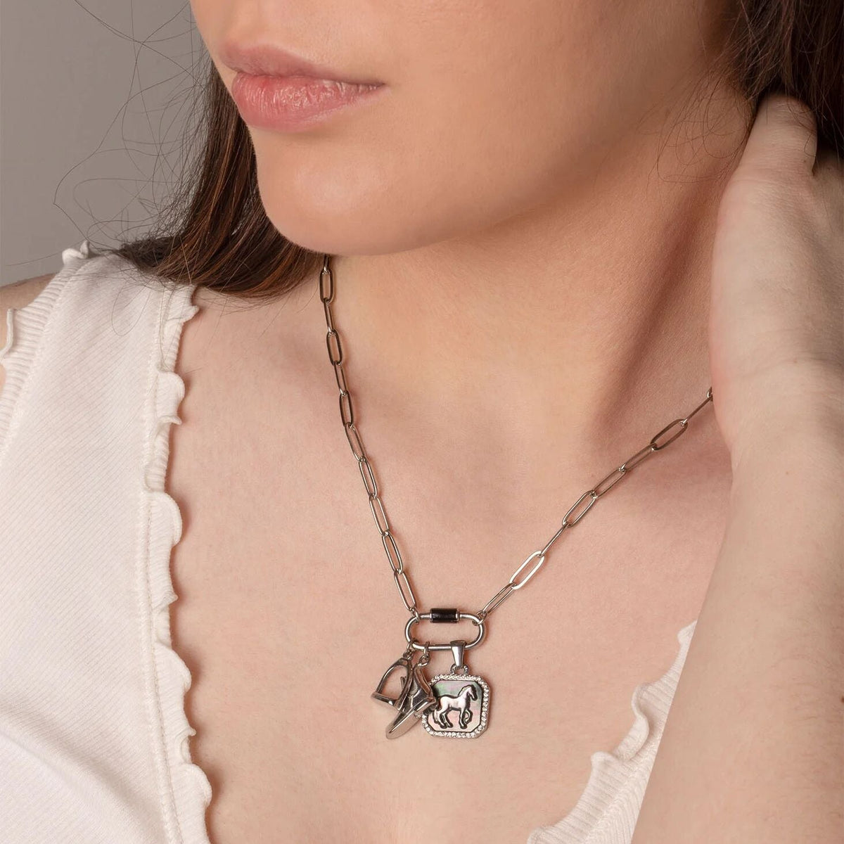 18K Gold PVD Stainless Steel MOP Horse Pendant With CZ Stone Boarder / PDL0387