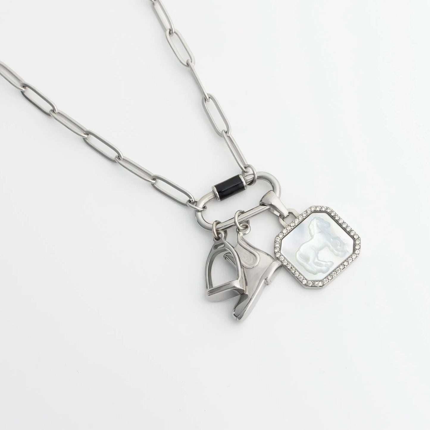 18K Gold PVD Stainless Steel MOP Horse Pendant With CZ Stone Boarder / PDL0387