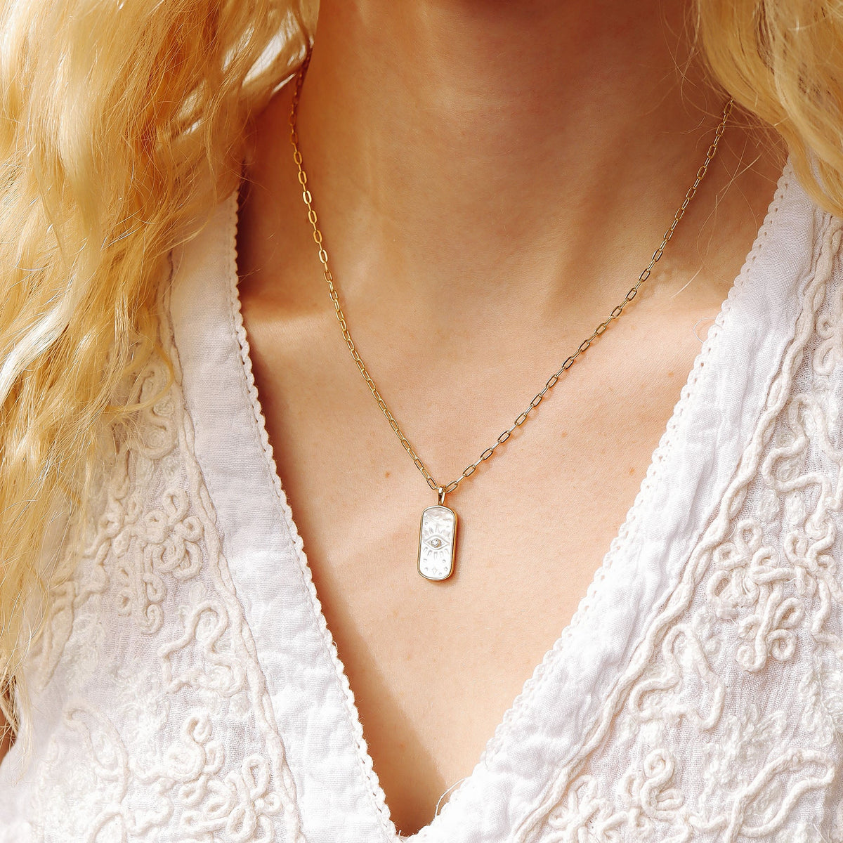 14K Gold Plated Sterling Silver Mother of Pearl Sunburst Mystical Paperclip Chain Necklace / PMJ0029