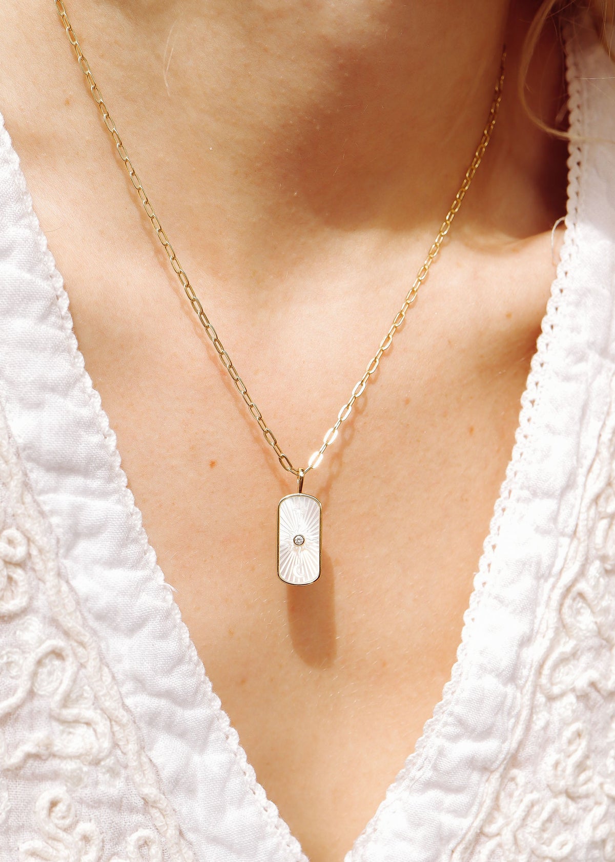 14K Gold Plated Sterling Silver Mother of Pearl Sunburst Mystical Paperclip Chain Necklace / PMJ0029