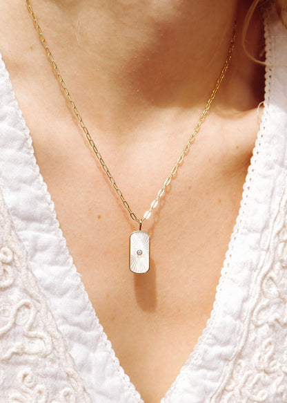 14K Gold Plated Sterling Silver Mother of Pearl Sunburst Mystical Paperclip Chain Necklace / PMJ0029