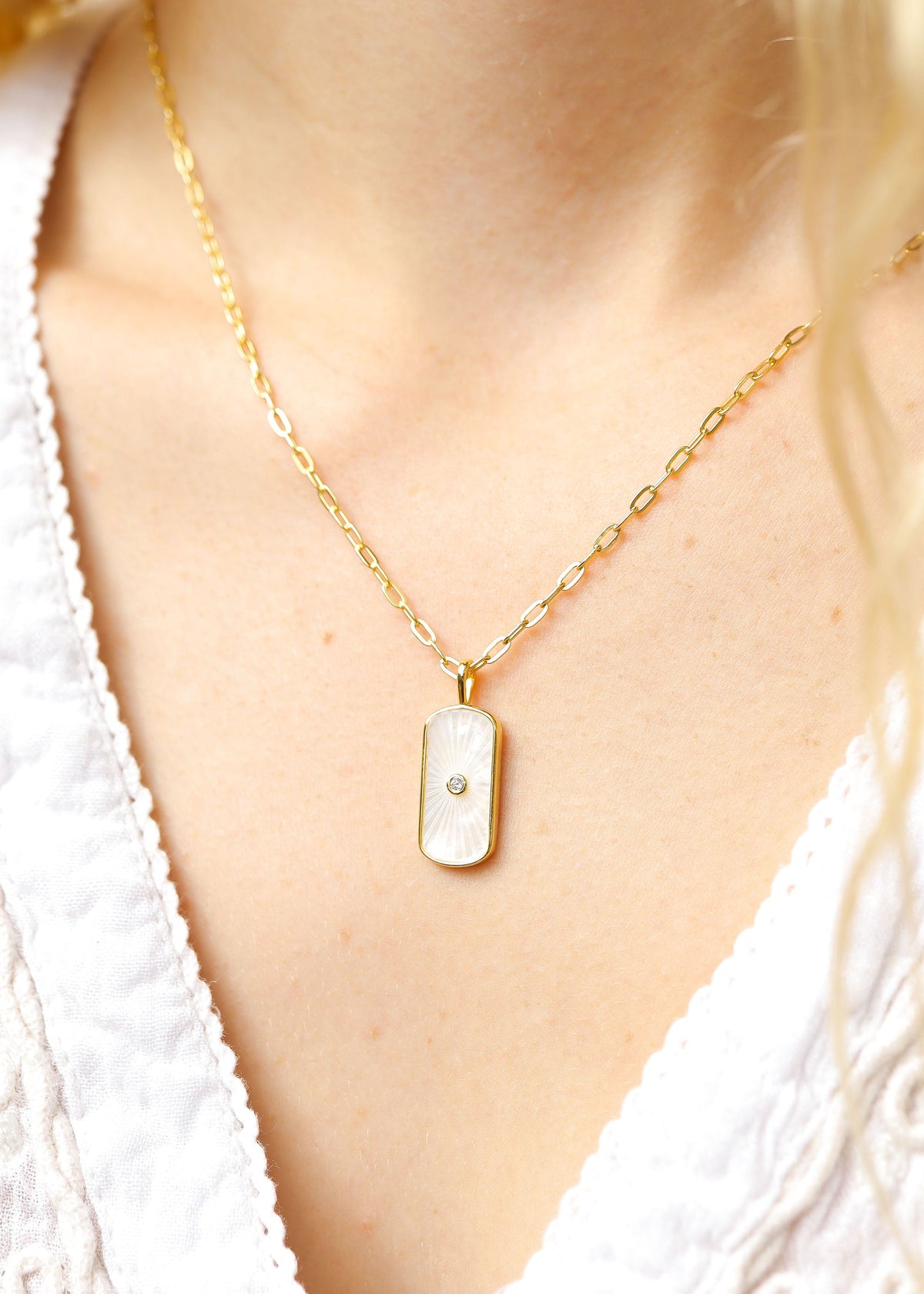 14K Gold Plated Sterling Silver Mother of Pearl Sunburst Mystical Paperclip Chain Necklace / PMJ0029