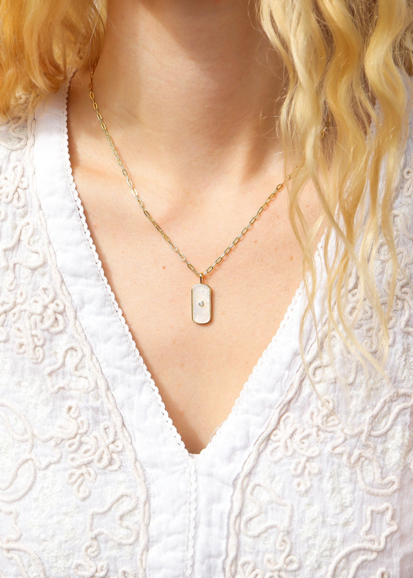 14K Gold Plated Sterling Silver Mother of Pearl Sunburst Mystical Paperclip Chain Necklace / PMJ0029
