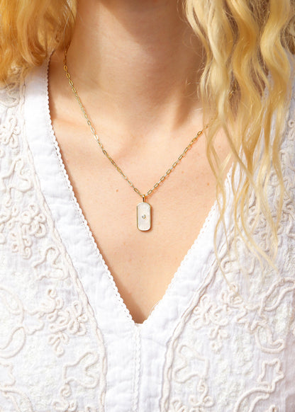 14K Gold Plated Sterling Silver Mother of Pearl Sunburst Mystical Paperclip Chain Necklace / PMJ0029