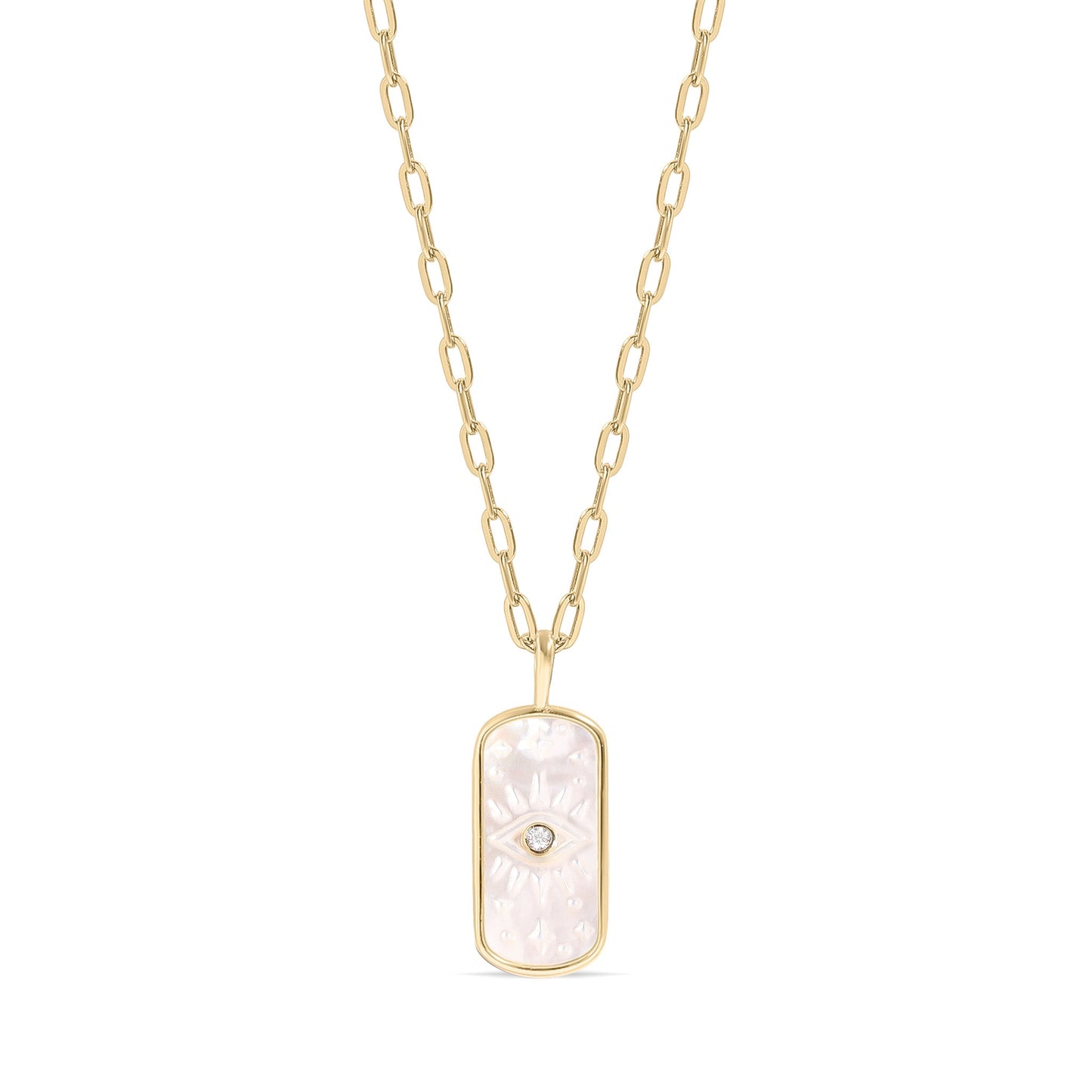 14K Gold Plated Sterling Silver Mother of Pearl Sunburst Mystical Paperclip Chain Necklace / PMJ0029