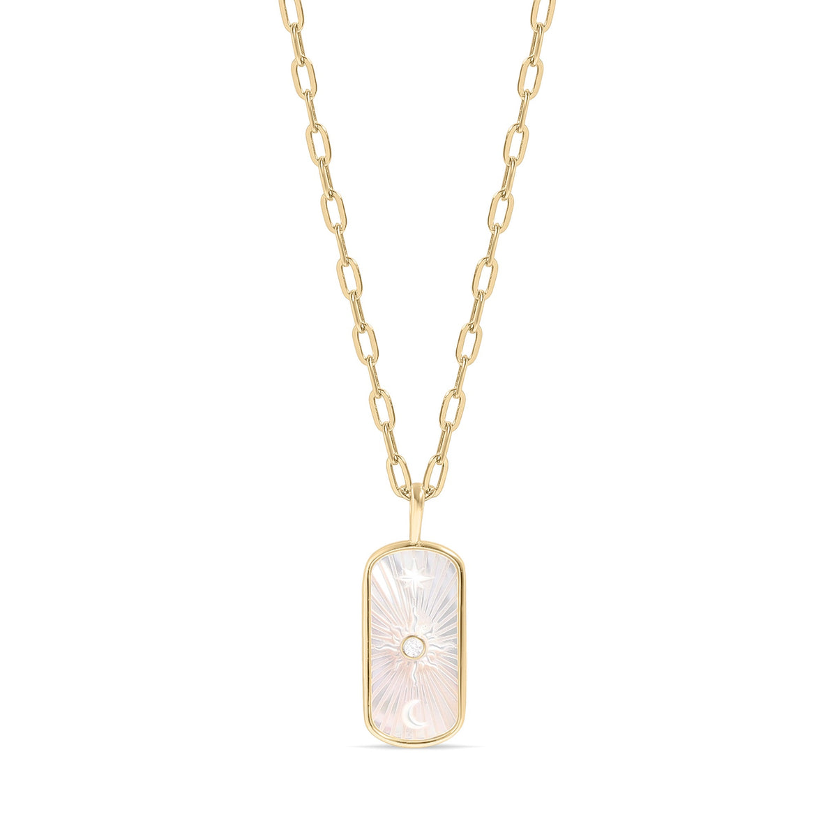 14K Gold Plated Sterling Silver Mother of Pearl Sunburst Mystical Paperclip Chain Necklace / PMJ0029