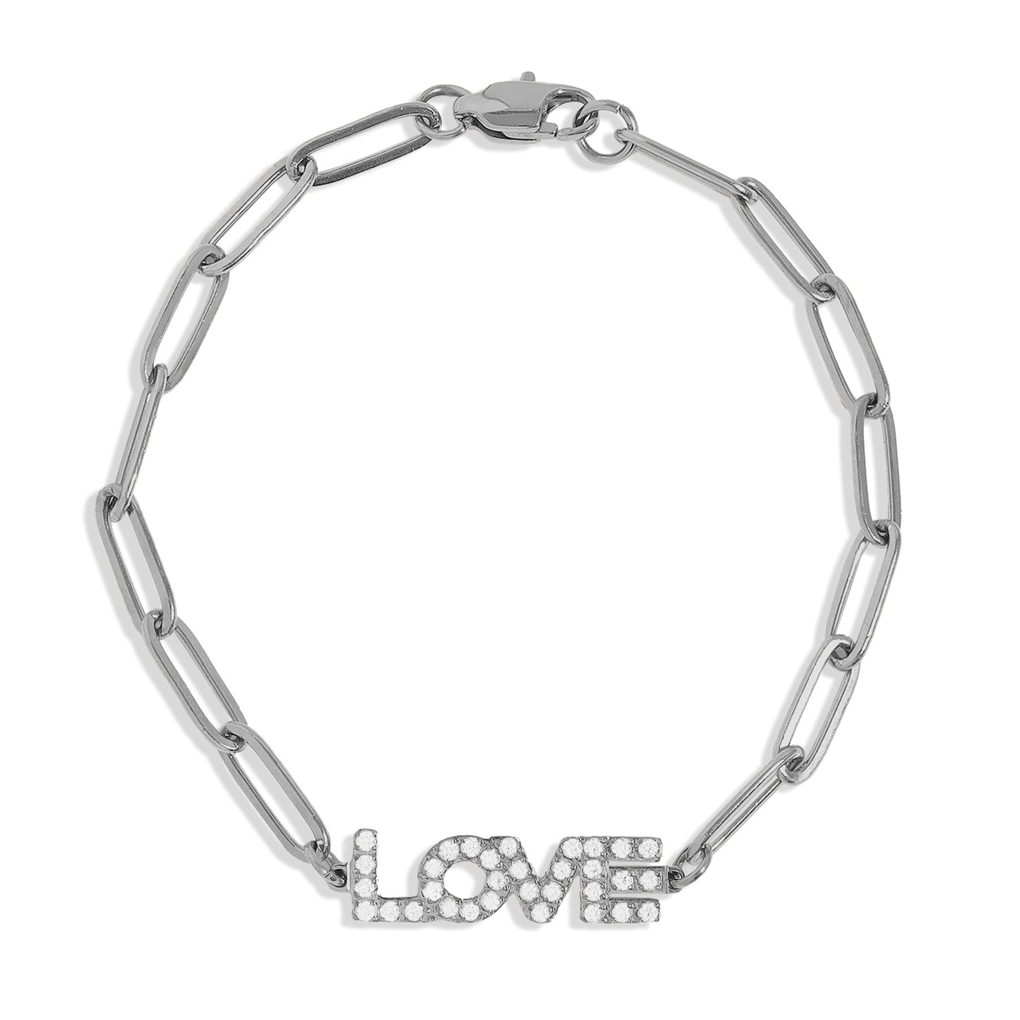 18K Gold PVD Stainless Steel CZ "Love" Paperclip Chain Bracelet / BRJ1004