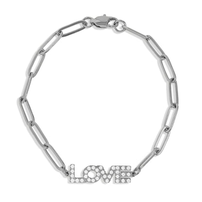 18K Gold PVD Stainless Steel CZ "Love" Paperclip Chain Bracelet / BRJ1004