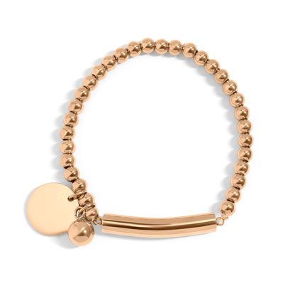 18K Gold PVD Stainless Steel Beaded Stretch Bracelet with Engravable Charm / SBB0271