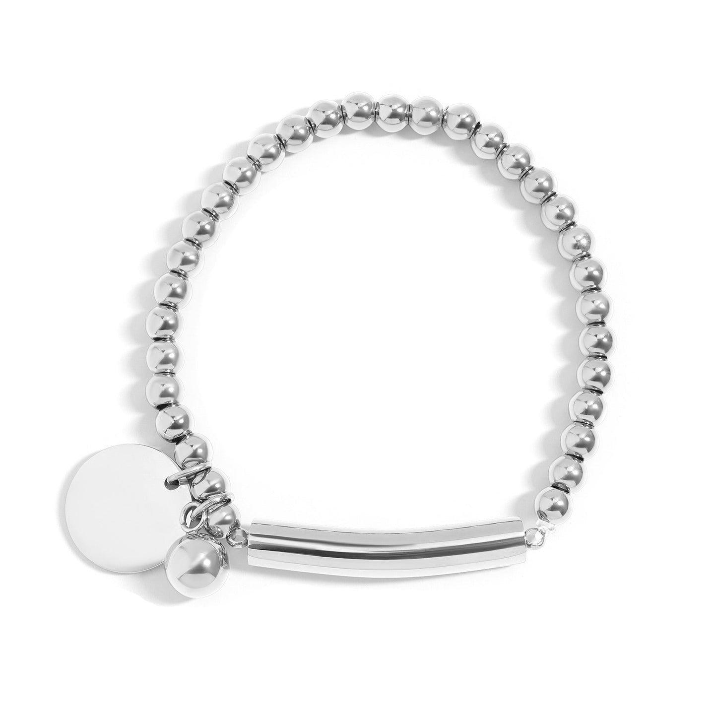 18K Gold PVD Stainless Steel Beaded Stretch Bracelet with Engravable Charm / SBB0271