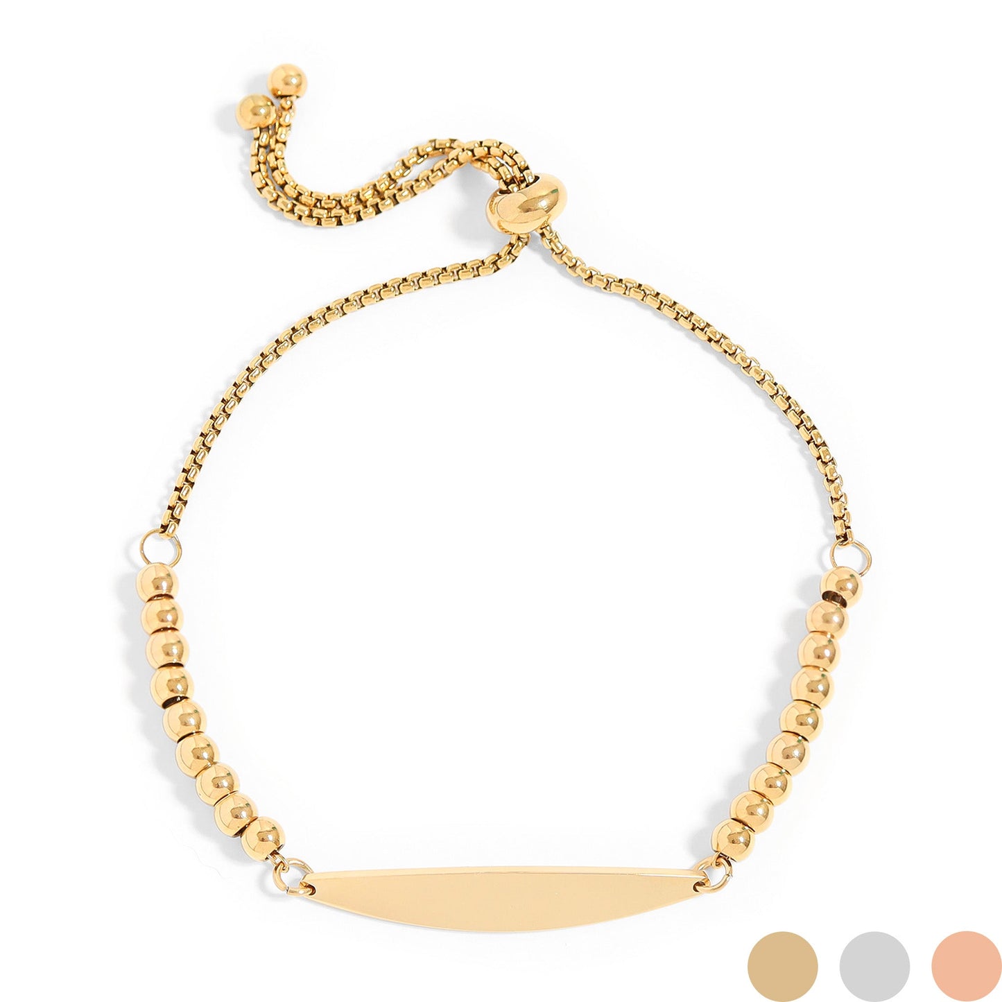 18K Gold PVD Stainless Steel Adjustable Beaded Curved Blank Bar Bracelet / SBB0272