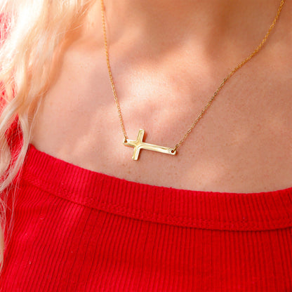 18K Gold PVD Stainless Steel Horizontal Blank Cross Necklace / SBB0285