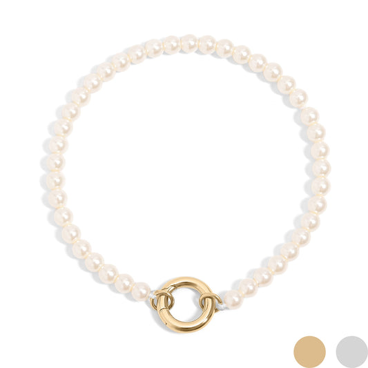 18K Gold PVD Stainless Steel Glass Pearl Charm Keeper Bracelet / SBB0337