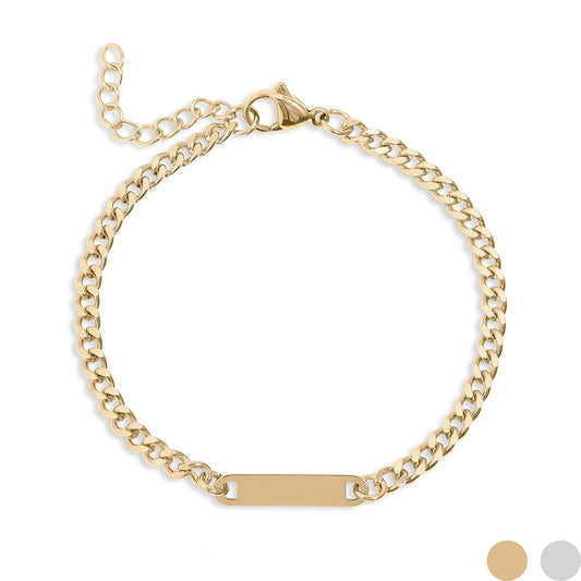 18K Gold PVD Stainless Steel Engravable Curb Chain Bar Bracelet / SBB0339