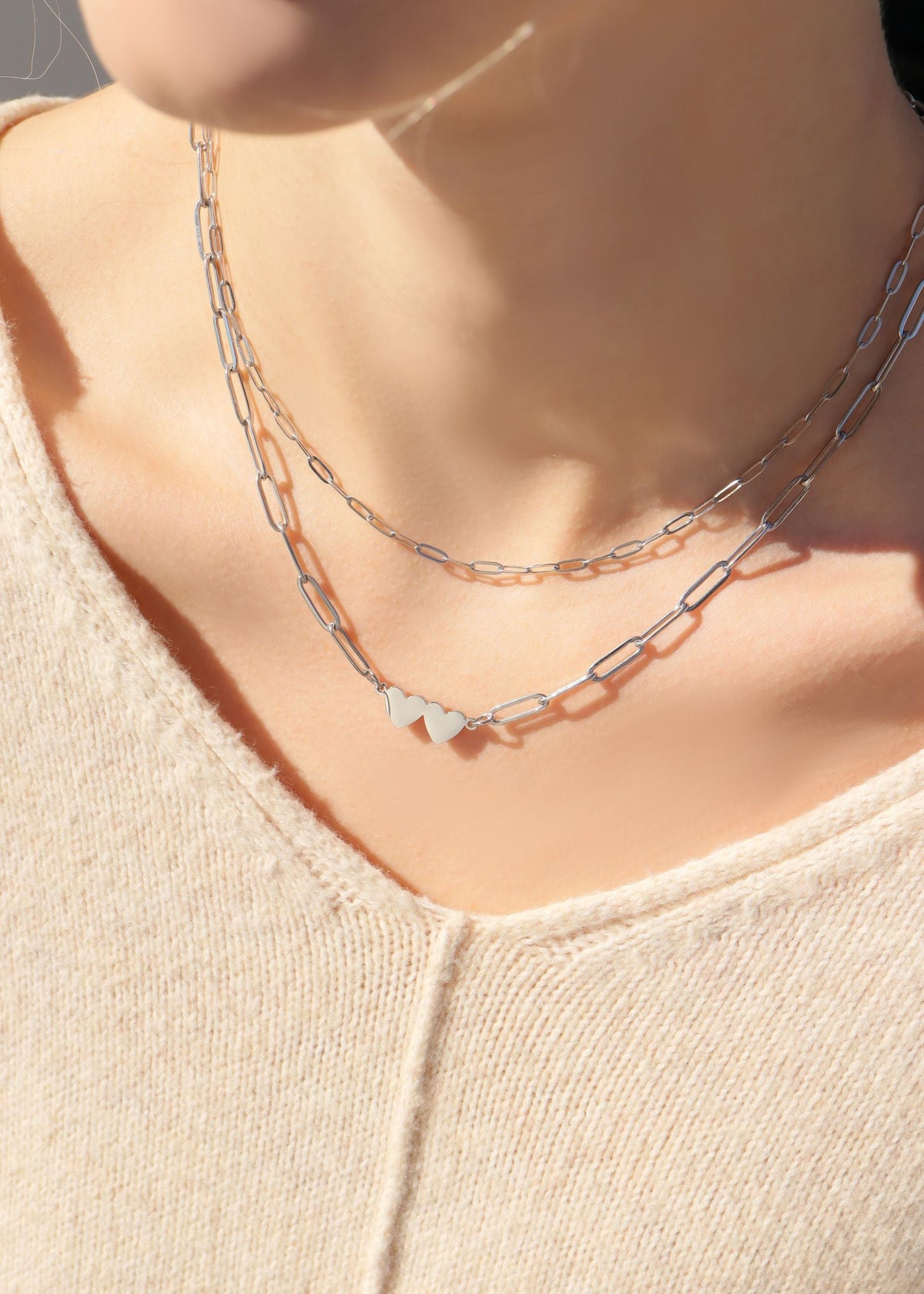 Stainless Steel Engravable 2 Heart Paperclip Necklace / SBB0351