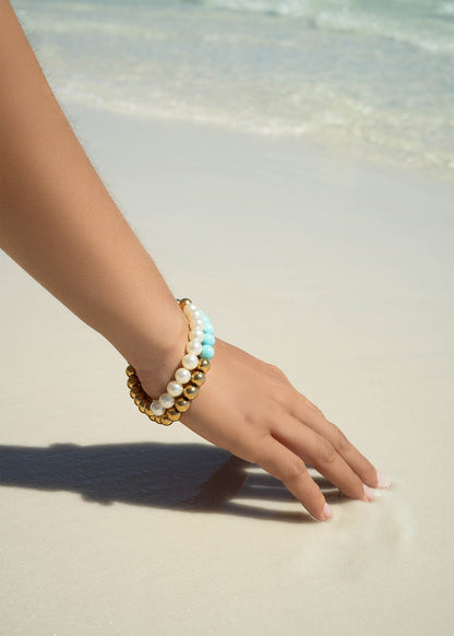 18K Gold PVD Stainless Steel Semi Precious Beaded Stretch Bracelets / SBB0355